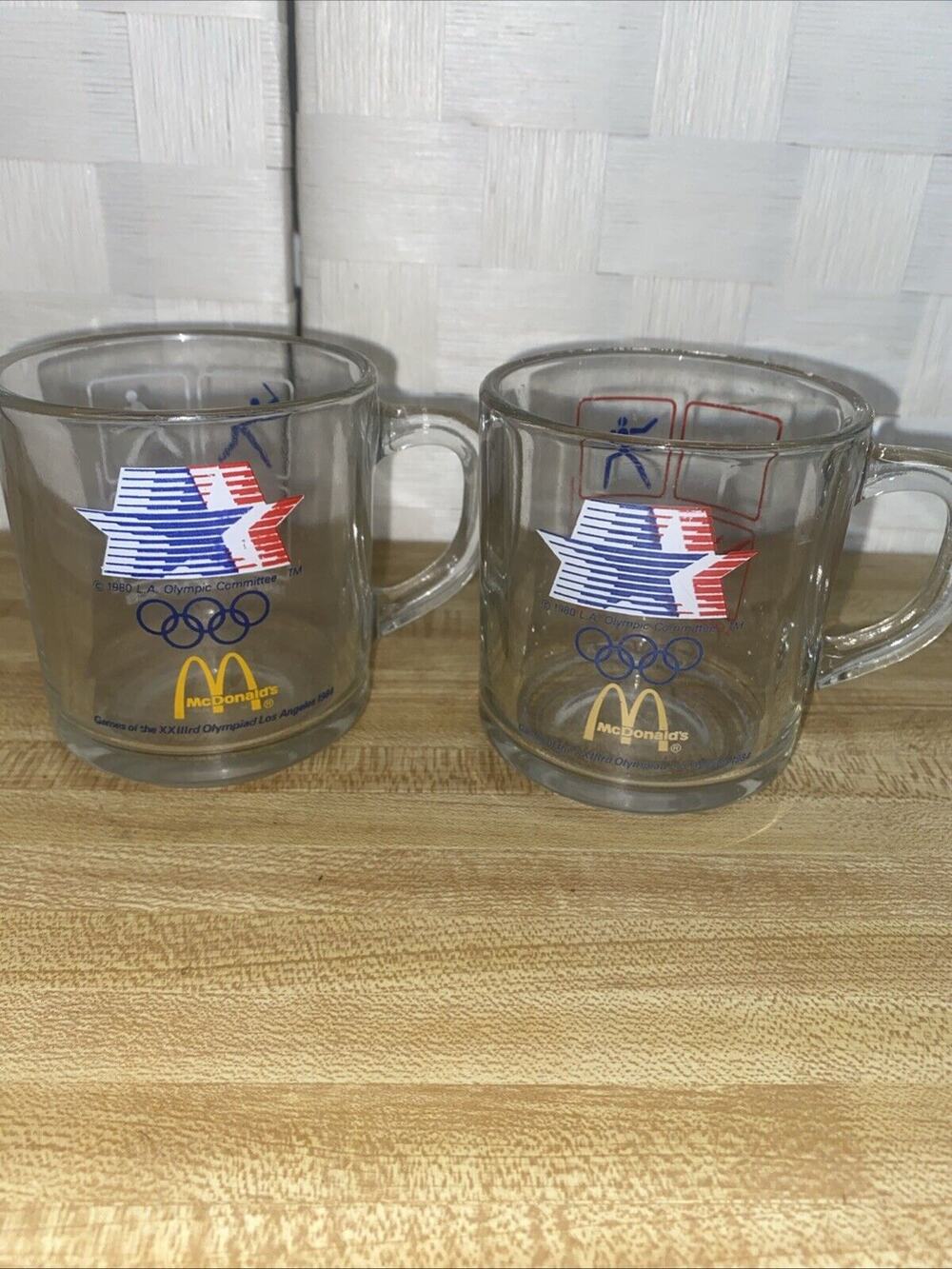 Set of 2 Vintage McDonalds 1984 Los Angeles Olympics Glass Mugs Weights Horse